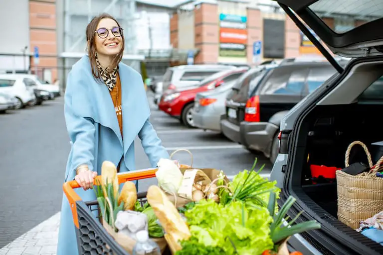 woman with shopping cart full of fresh and healthy food on the parking place near the supermarket