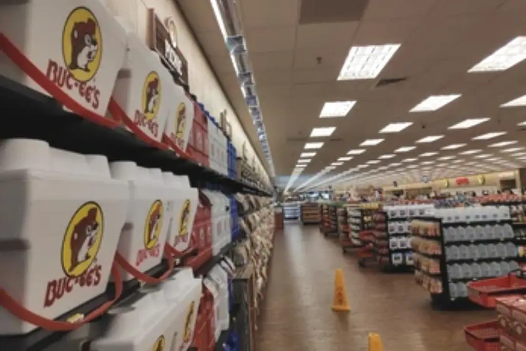 Buc-ee's giant convenience store interior with beaver logo on ice chest