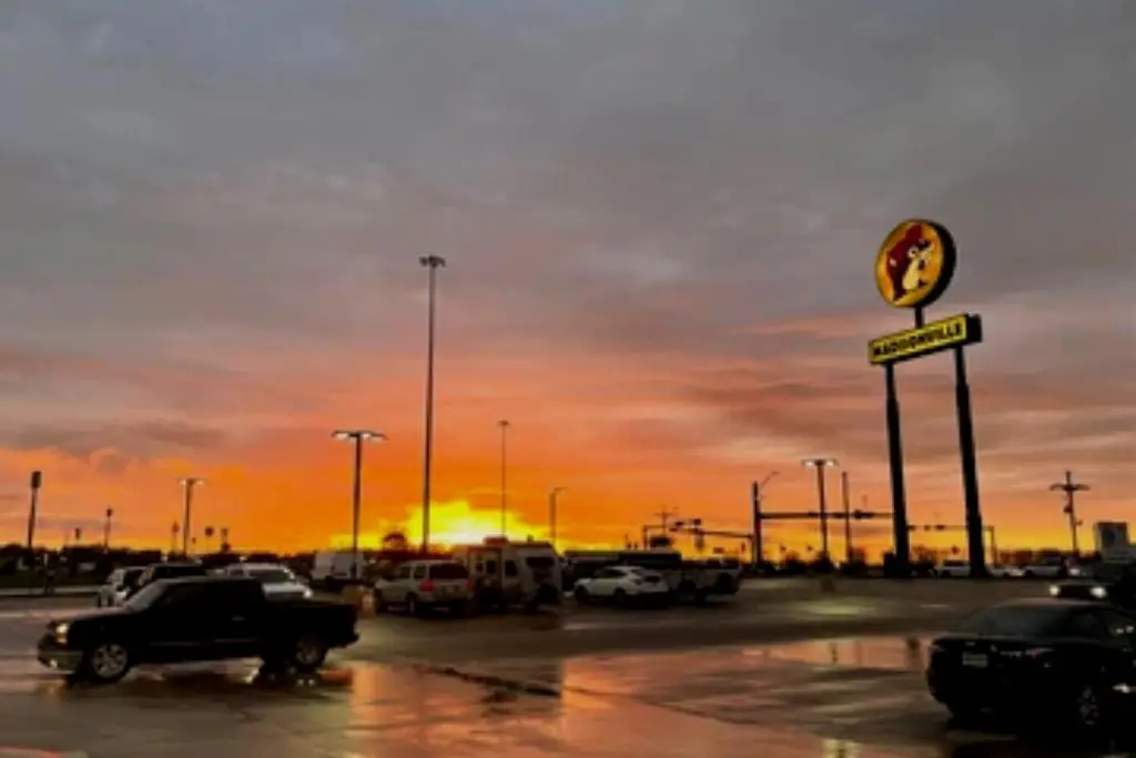 sunset at Buc-ee's gas station and convenience store