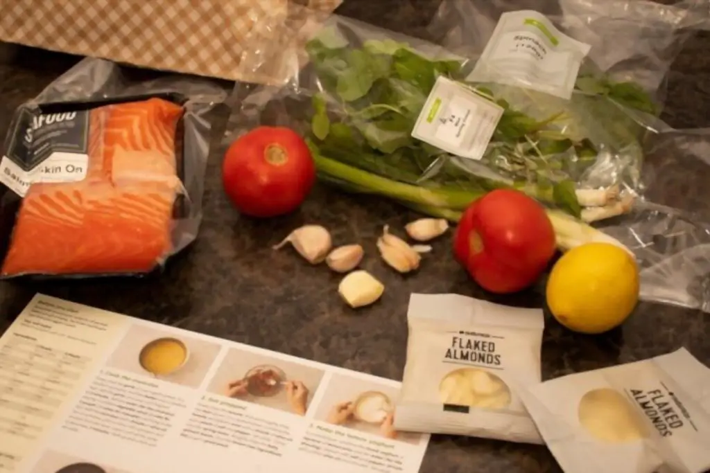 HelloFresh meal kit and recipe card on a kitchen countertop