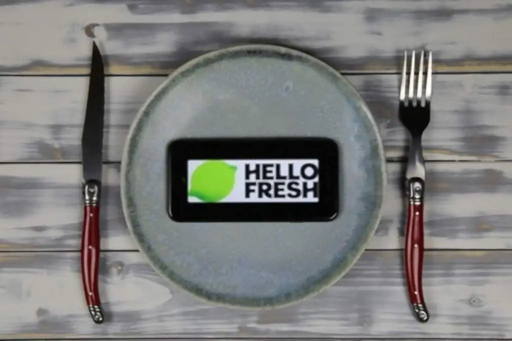 mobile phone screen with logo lettering of food delivery service hellofresh