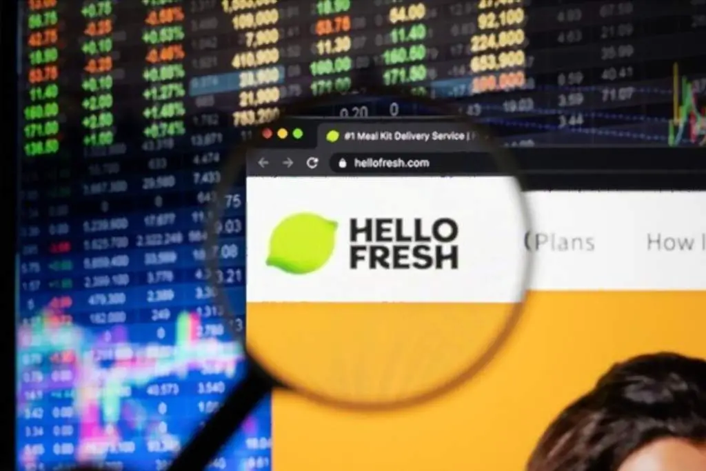 Hellofresh company logo on a website with blurry stock market